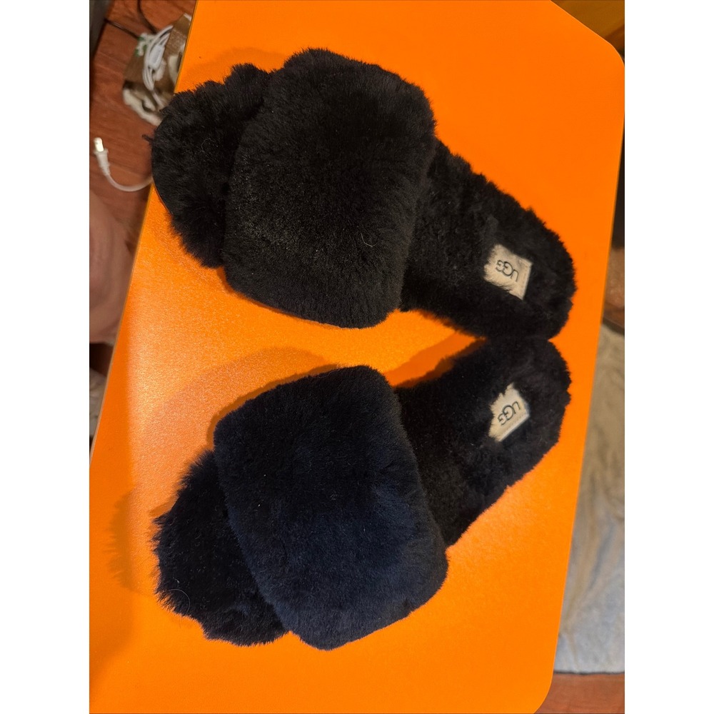 UGG Fluff Yeah Black Sheepskin Slide Slippers Womens Size 10 Plush Shearling
